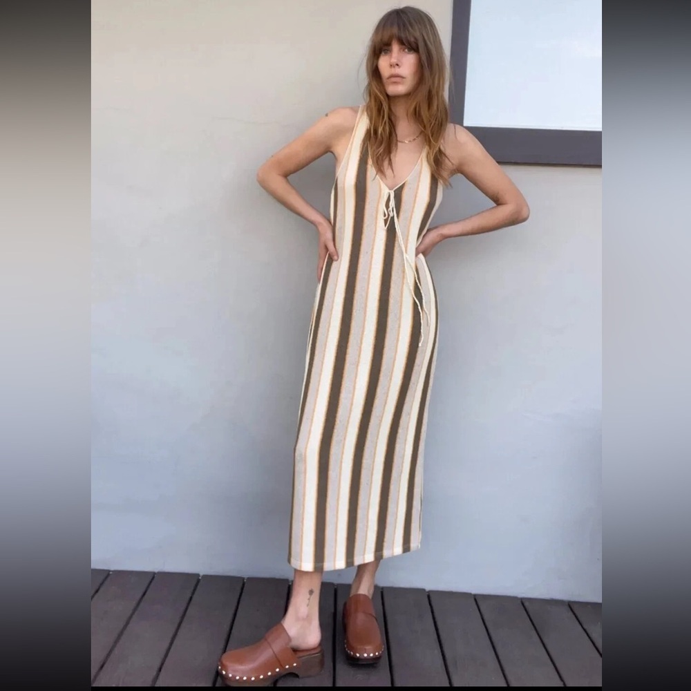 Zara Striped Knit Rustic 70’s Boho Midi Dress Tie on Detail Size M REF 1165/139